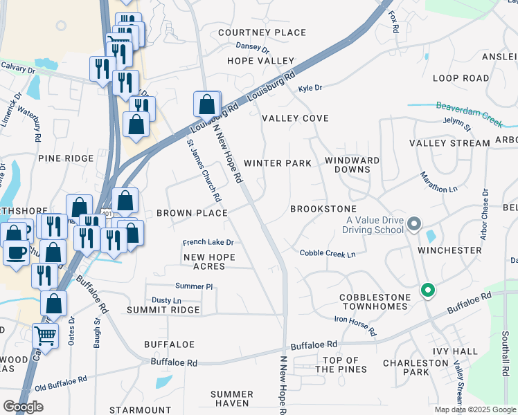 map of restaurants, bars, coffee shops, grocery stores, and more near 4114 James Road in Raleigh