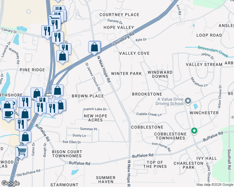 map of restaurants, bars, coffee shops, grocery stores, and more near 4114 James Road in Raleigh