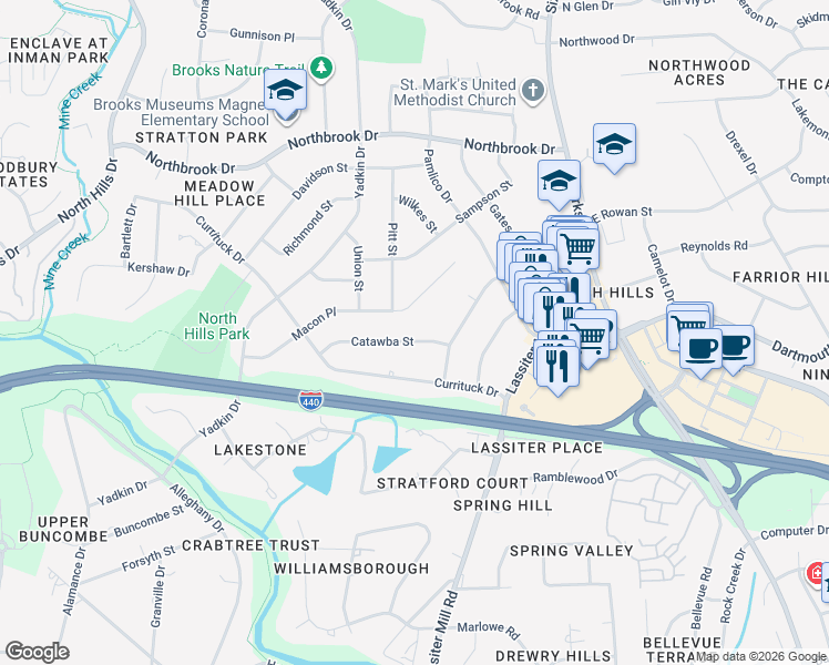 map of restaurants, bars, coffee shops, grocery stores, and more near 708 Catawba Street in Raleigh