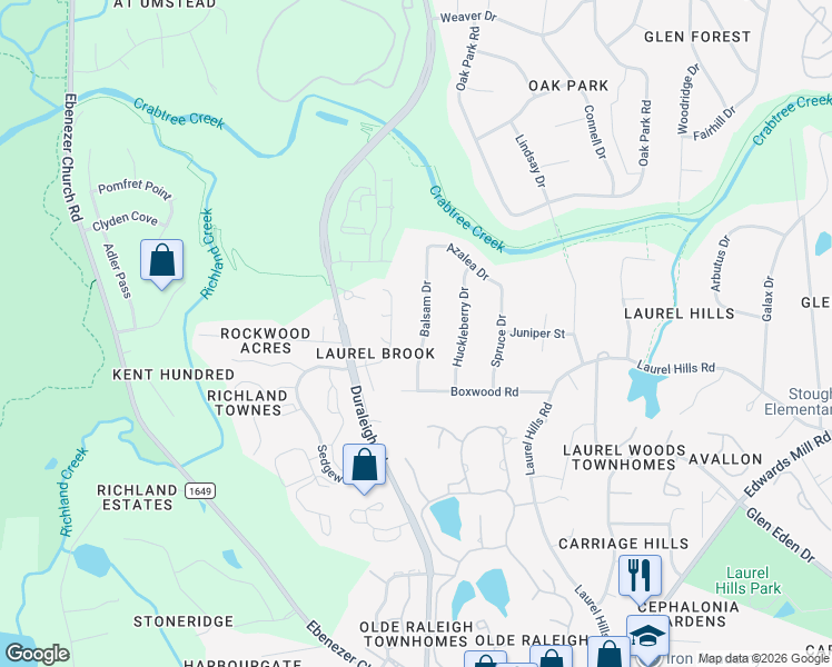 map of restaurants, bars, coffee shops, grocery stores, and more near 4013 Balsam Drive in Raleigh