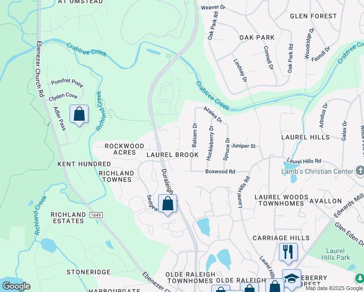 map of restaurants, bars, coffee shops, grocery stores, and more near 4013 Balsam Drive in Raleigh