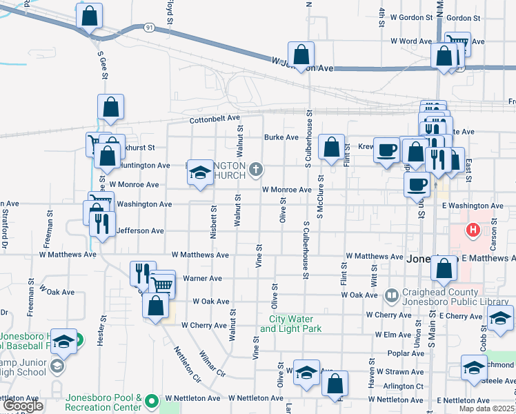 map of restaurants, bars, coffee shops, grocery stores, and more near 821 West Washington Avenue in Jonesboro