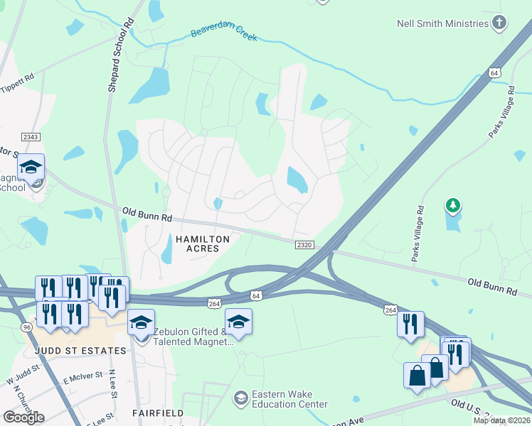 map of restaurants, bars, coffee shops, grocery stores, and more near 1288 Old Bunn Road in Zebulon