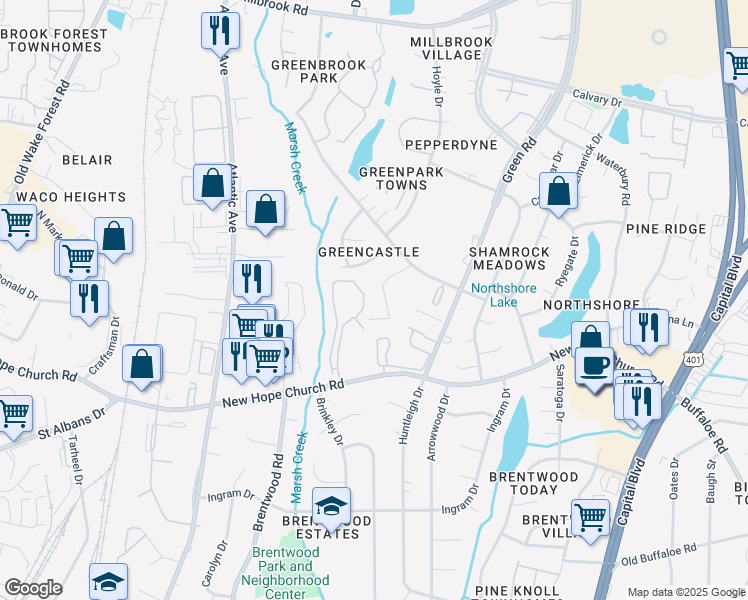 map of restaurants, bars, coffee shops, grocery stores, and more near 4200 Greencastle Court in Raleigh