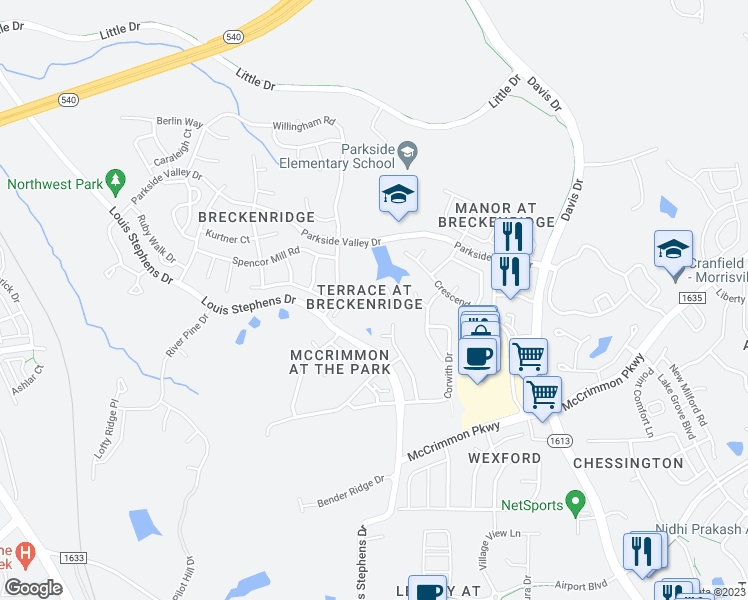 map of restaurants, bars, coffee shops, grocery stores, and more near 201 Canyon Lake Circle in Morrisville