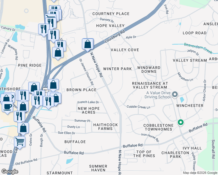 map of restaurants, bars, coffee shops, grocery stores, and more near 4114 James Road in Raleigh