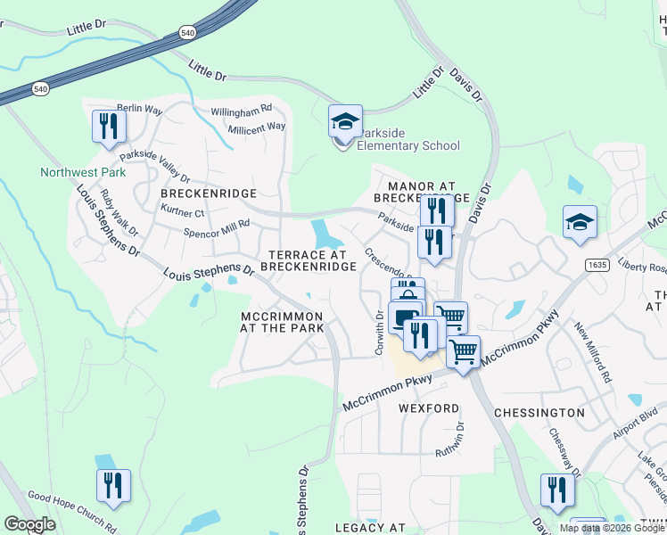 map of restaurants, bars, coffee shops, grocery stores, and more near 306 Canyon Lake Circle in Morrisville