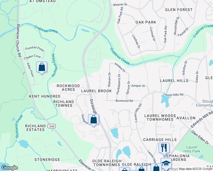 map of restaurants, bars, coffee shops, grocery stores, and more near 4013 Balsam Drive in Raleigh