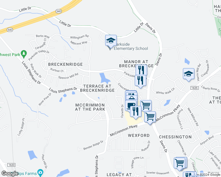 map of restaurants, bars, coffee shops, grocery stores, and more near 109 Vail Court in Morrisville