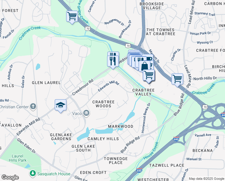 map of restaurants, bars, coffee shops, grocery stores, and more near 4801 Cornwall Place in Raleigh