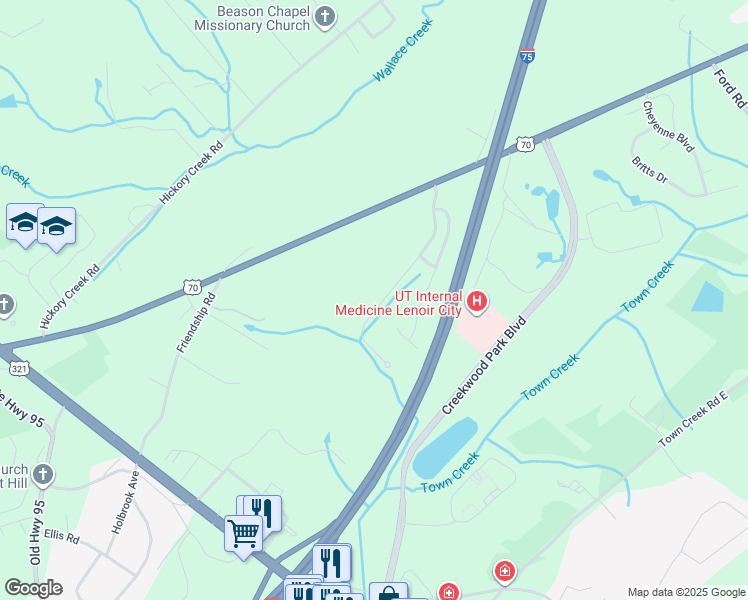map of restaurants, bars, coffee shops, grocery stores, and more near 1546 Old Hickory Lane in Lenoir City