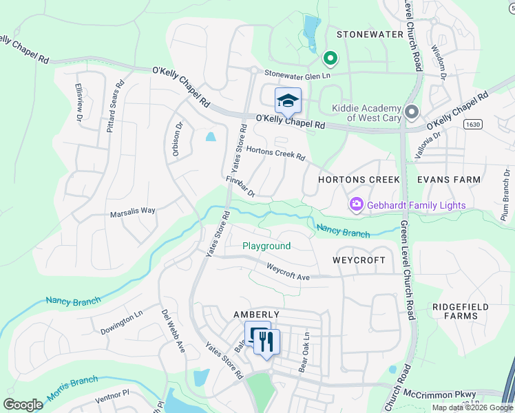 map of restaurants, bars, coffee shops, grocery stores, and more near 638 Finnbar Drive in Cary