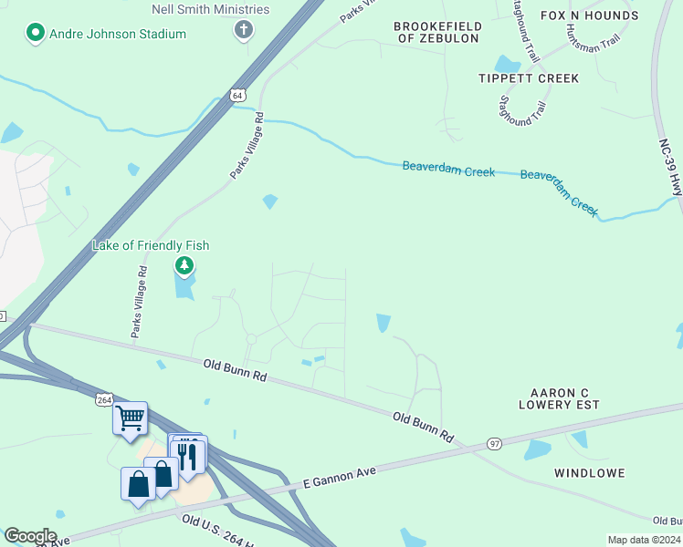 map of restaurants, bars, coffee shops, grocery stores, and more near 1915 Old Bunn Road in Zebulon