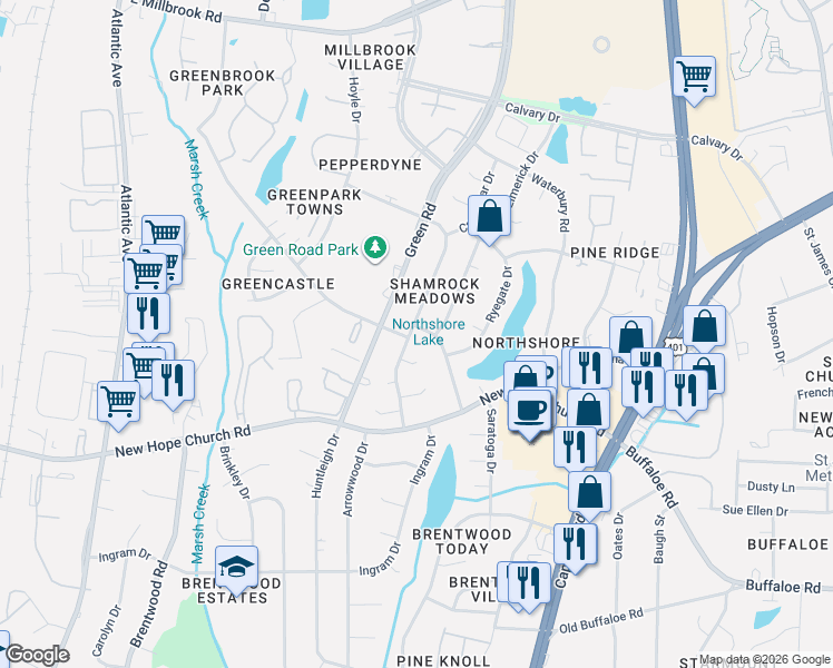 map of restaurants, bars, coffee shops, grocery stores, and more near 4205 Pittsford Road in Raleigh