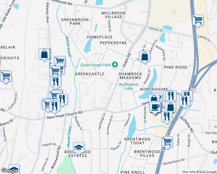 map of restaurants, bars, coffee shops, grocery stores, and more near 4219 Brockton Drive in Raleigh
