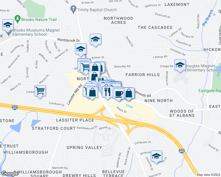 map of restaurants, bars, coffee shops, grocery stores, and more near 4000 State at North Hills Street in Raleigh