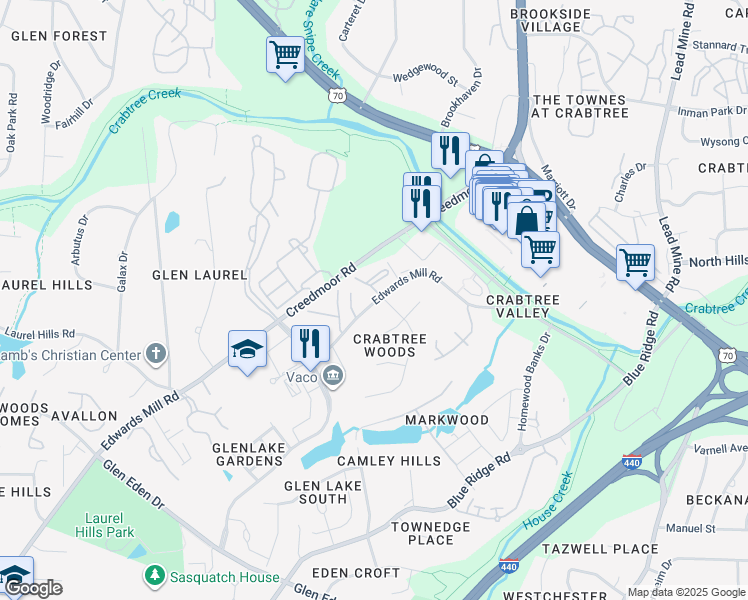 map of restaurants, bars, coffee shops, grocery stores, and more near 4710 Edwards Mill Road in Raleigh