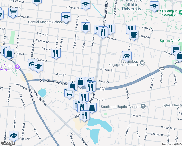 map of restaurants, bars, coffee shops, grocery stores, and more near 425 2nd Avenue in Murfreesboro