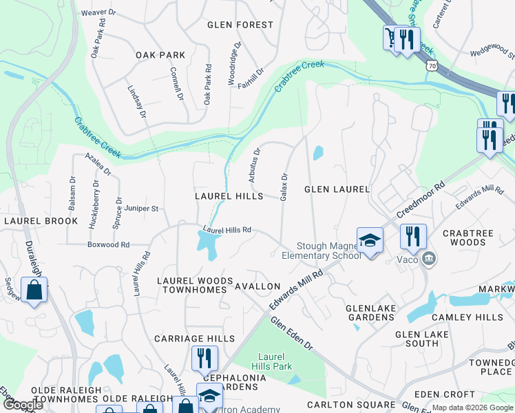 map of restaurants, bars, coffee shops, grocery stores, and more near 4209 Arbutus Drive in Raleigh