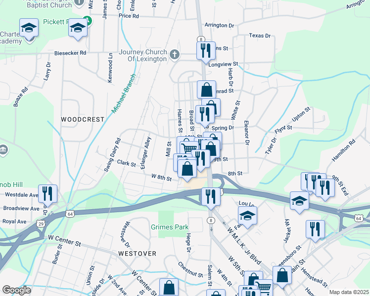 map of restaurants, bars, coffee shops, grocery stores, and more near 224 Hames Street in Lexington