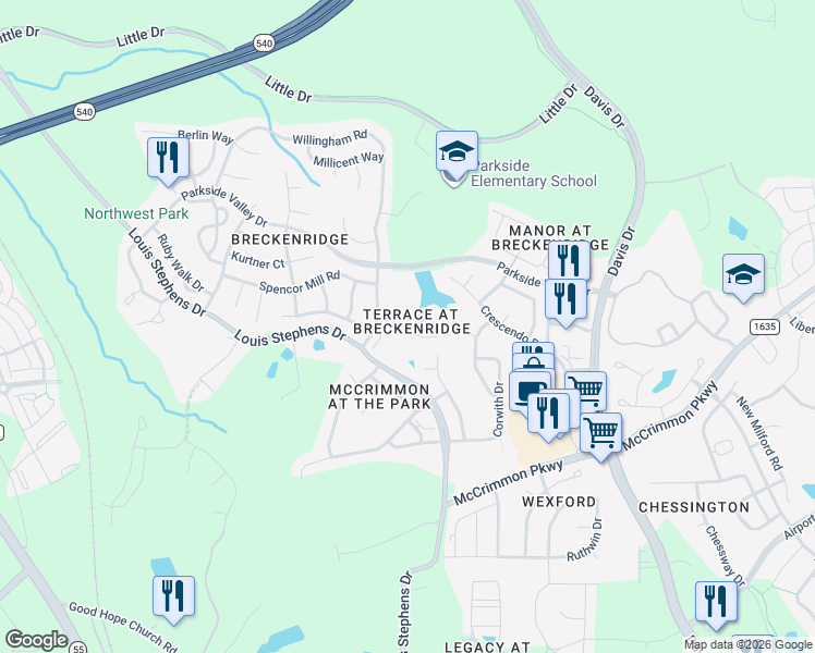 map of restaurants, bars, coffee shops, grocery stores, and more near 100 Canyon Lake Circle in Morrisville