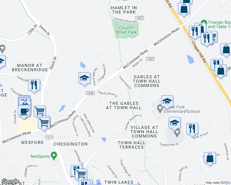 map of restaurants, bars, coffee shops, grocery stores, and more near 221 Liberty Rose Drive in Morrisville