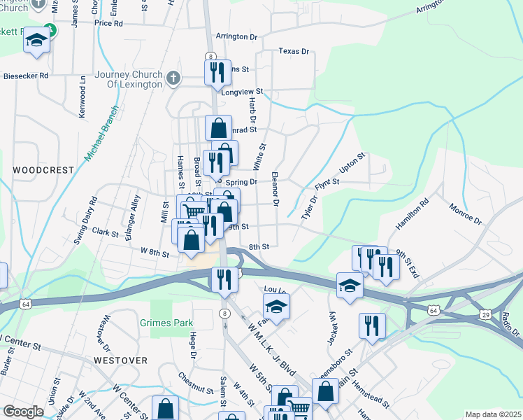 map of restaurants, bars, coffee shops, grocery stores, and more near 203 10th Street in Lexington