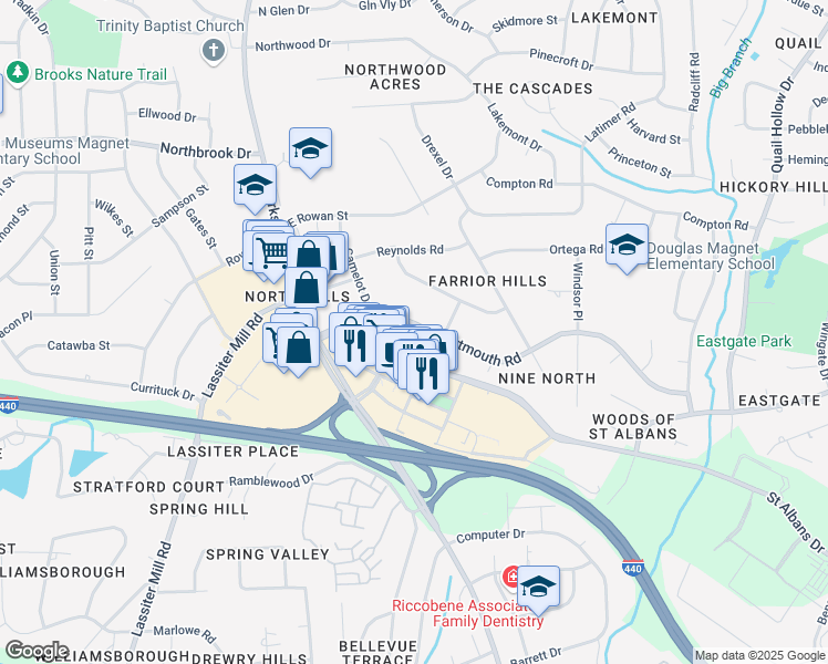 map of restaurants, bars, coffee shops, grocery stores, and more near 120 Dartmouth Road in Raleigh