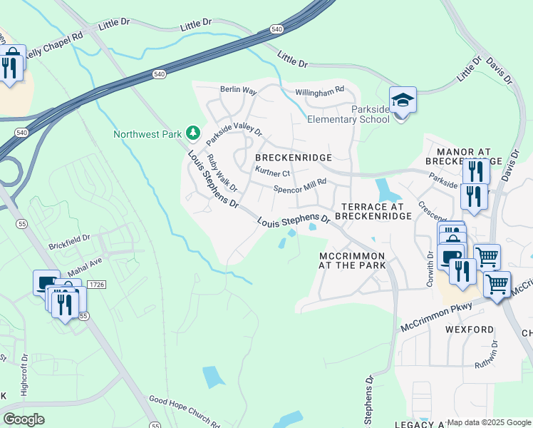 map of restaurants, bars, coffee shops, grocery stores, and more near 112 Bristolwood Circle in Morrisville