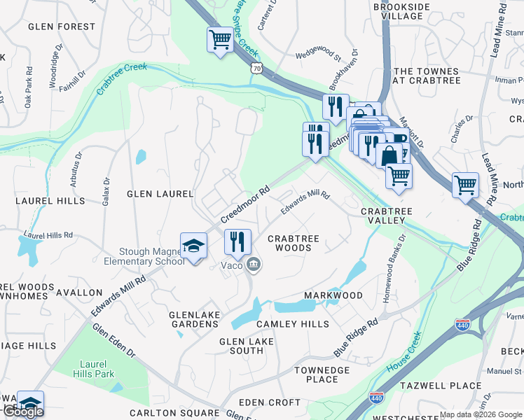 map of restaurants, bars, coffee shops, grocery stores, and more near 4511 Edwards Mill Road in Raleigh