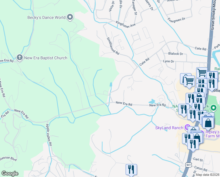 map of restaurants, bars, coffee shops, grocery stores, and more near 570 Cate Road in Sevierville