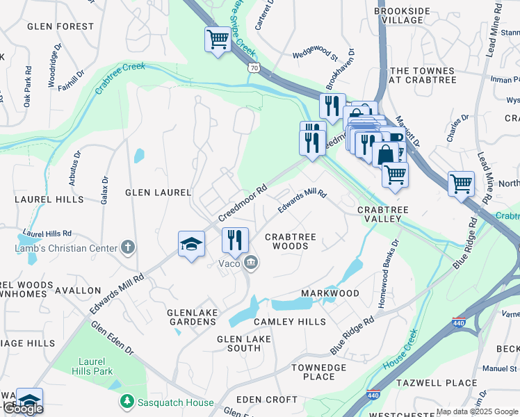 map of restaurants, bars, coffee shops, grocery stores, and more near 4611 Edwards Mill Road in Raleigh