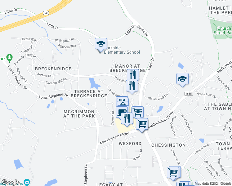 map of restaurants, bars, coffee shops, grocery stores, and more near 208 Crescendo Drive in Morrisville