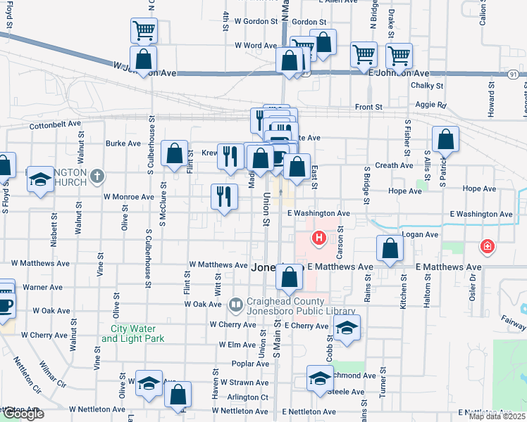 map of restaurants, bars, coffee shops, grocery stores, and more near 500-586 Madison Street in Jonesboro