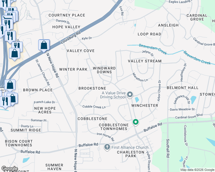 map of restaurants, bars, coffee shops, grocery stores, and more near 4512 Oakshyre Way in Raleigh