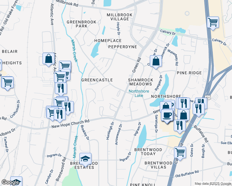 map of restaurants, bars, coffee shops, grocery stores, and more near 4219 Brockton Drive in Raleigh