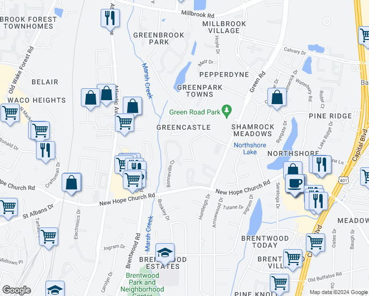 map of restaurants, bars, coffee shops, grocery stores, and more near 4200 Greencastle Court in Raleigh