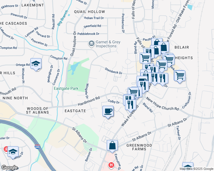 map of restaurants, bars, coffee shops, grocery stores, and more near in Raleigh