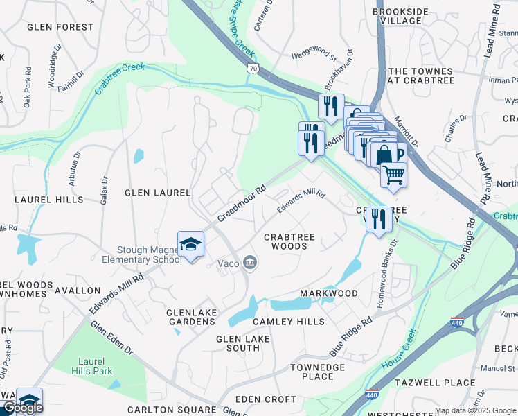 map of restaurants, bars, coffee shops, grocery stores, and more near 4511 Edwards Mill Road in Raleigh