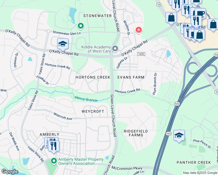 map of restaurants, bars, coffee shops, grocery stores, and more near 104 Woodland Ridge Court in Cary
