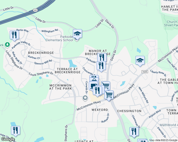 map of restaurants, bars, coffee shops, grocery stores, and more near 208 Crescendo Drive in Morrisville