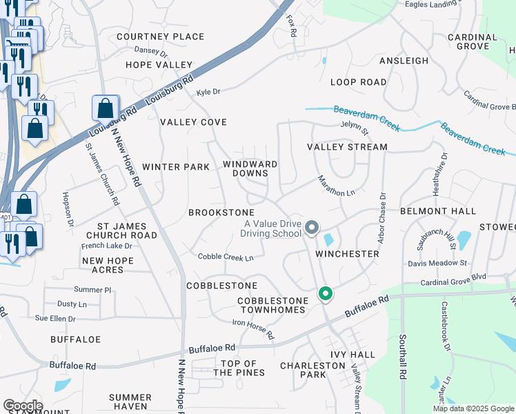map of restaurants, bars, coffee shops, grocery stores, and more near 4512 Oakshyre Way in Raleigh