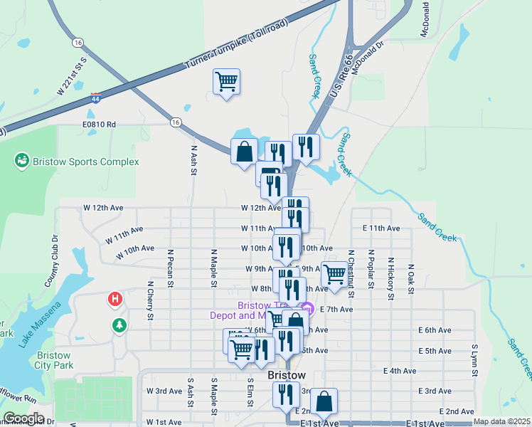 map of restaurants, bars, coffee shops, grocery stores, and more near 141 West 11th Avenue in Bristow