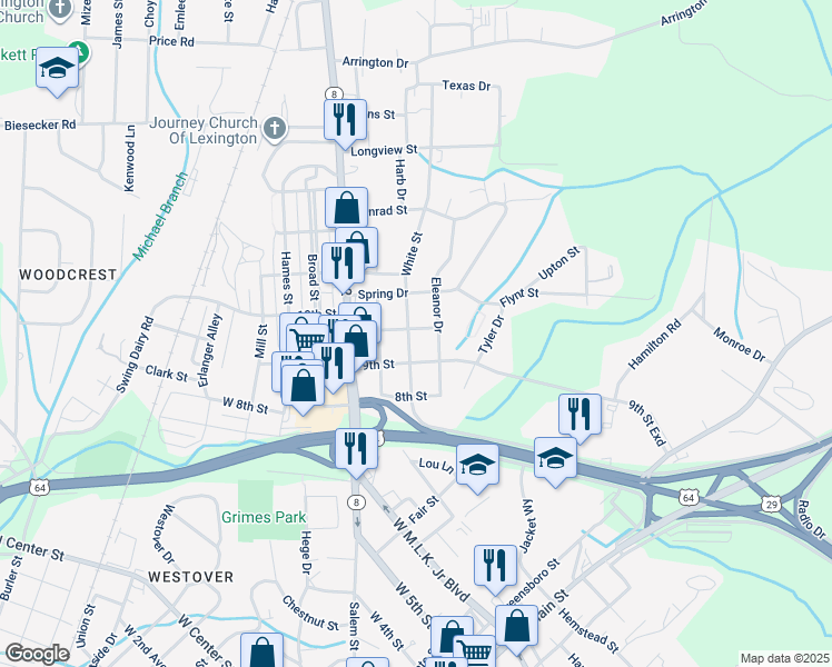 map of restaurants, bars, coffee shops, grocery stores, and more near 203 10th Street in Lexington