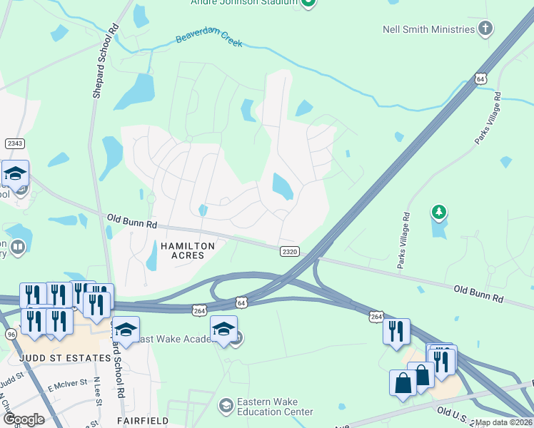 map of restaurants, bars, coffee shops, grocery stores, and more near 1301 Old Bunn Road in Zebulon