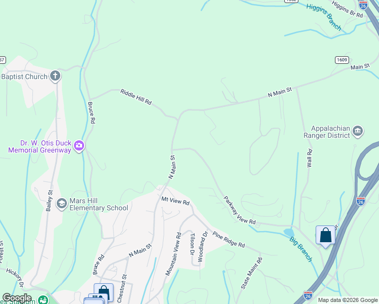 map of restaurants, bars, coffee shops, grocery stores, and more near 92 Parkway View Road in Mars Hill