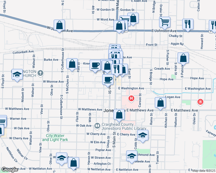 map of restaurants, bars, coffee shops, grocery stores, and more near 500-586 Madison Street in Jonesboro