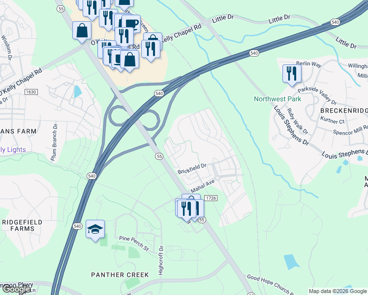 map of restaurants, bars, coffee shops, grocery stores, and more near 1624 Clayfire Drive in Cary