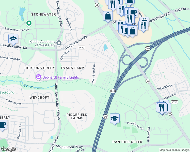 map of restaurants, bars, coffee shops, grocery stores, and more near 4108 Plum Branch Drive in Cary