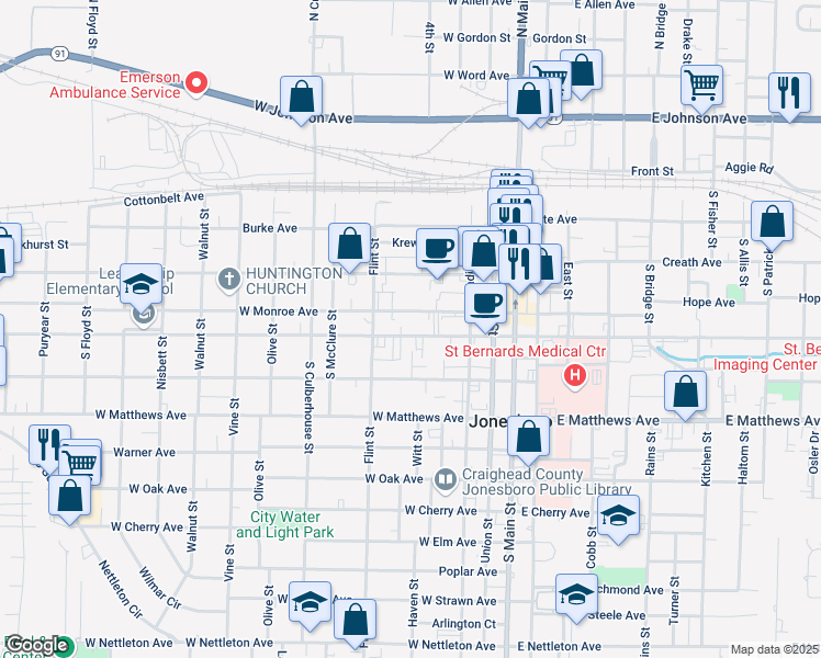map of restaurants, bars, coffee shops, grocery stores, and more near 500 West Washington Avenue in Jonesboro